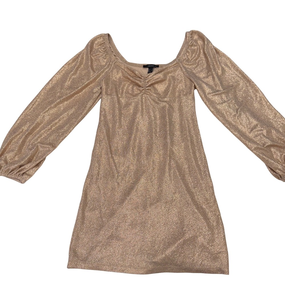 Whimsical Shimmery Gold Metallic Mini Dress Fairycore Long Balloon Sleeve Medium